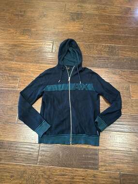 Armani Exchange Navy Blue Knit Full-Zip Logo Hoodie Sweater